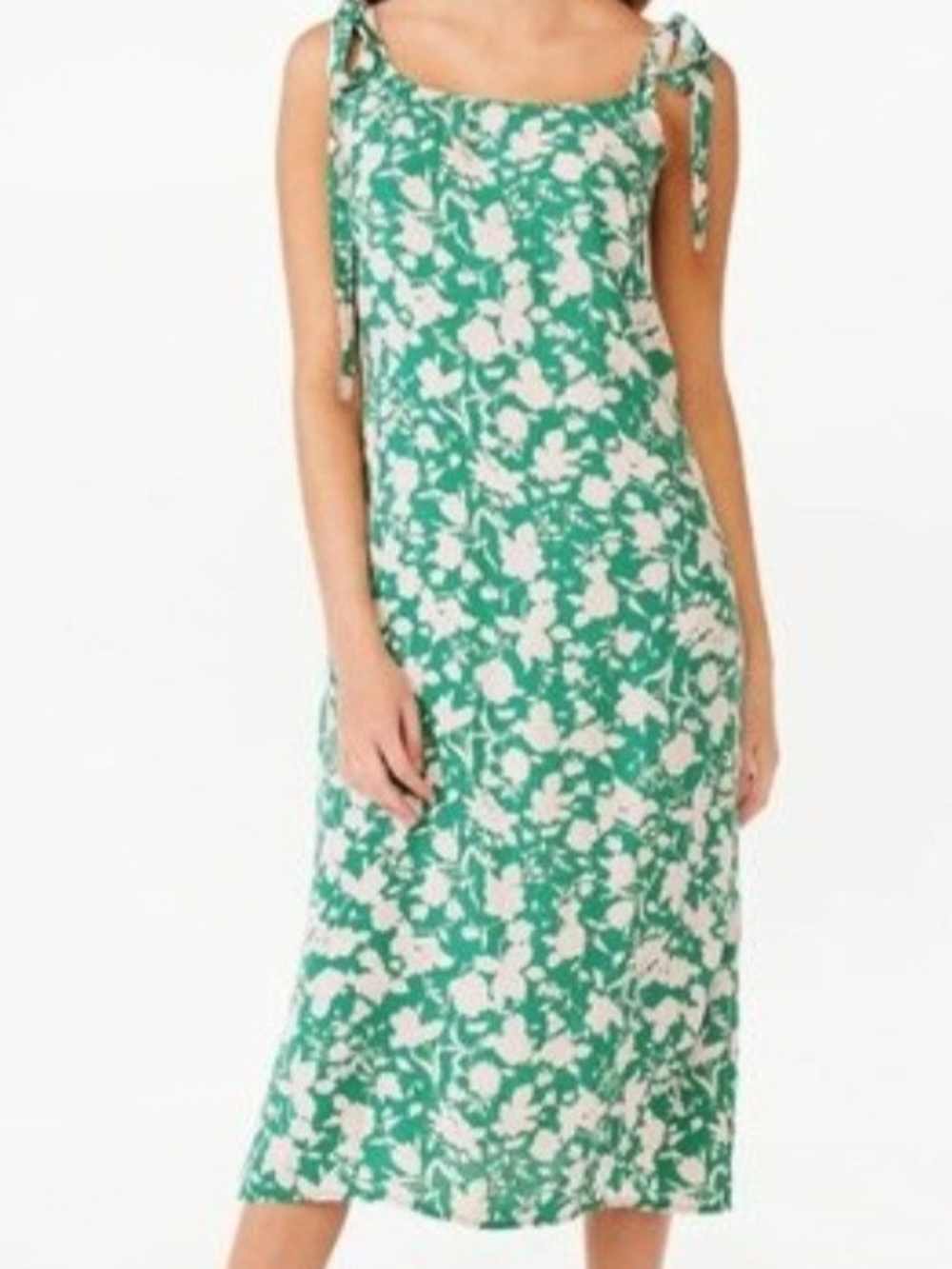 Tie-Shoulder Floral Midi Dress in Green and White